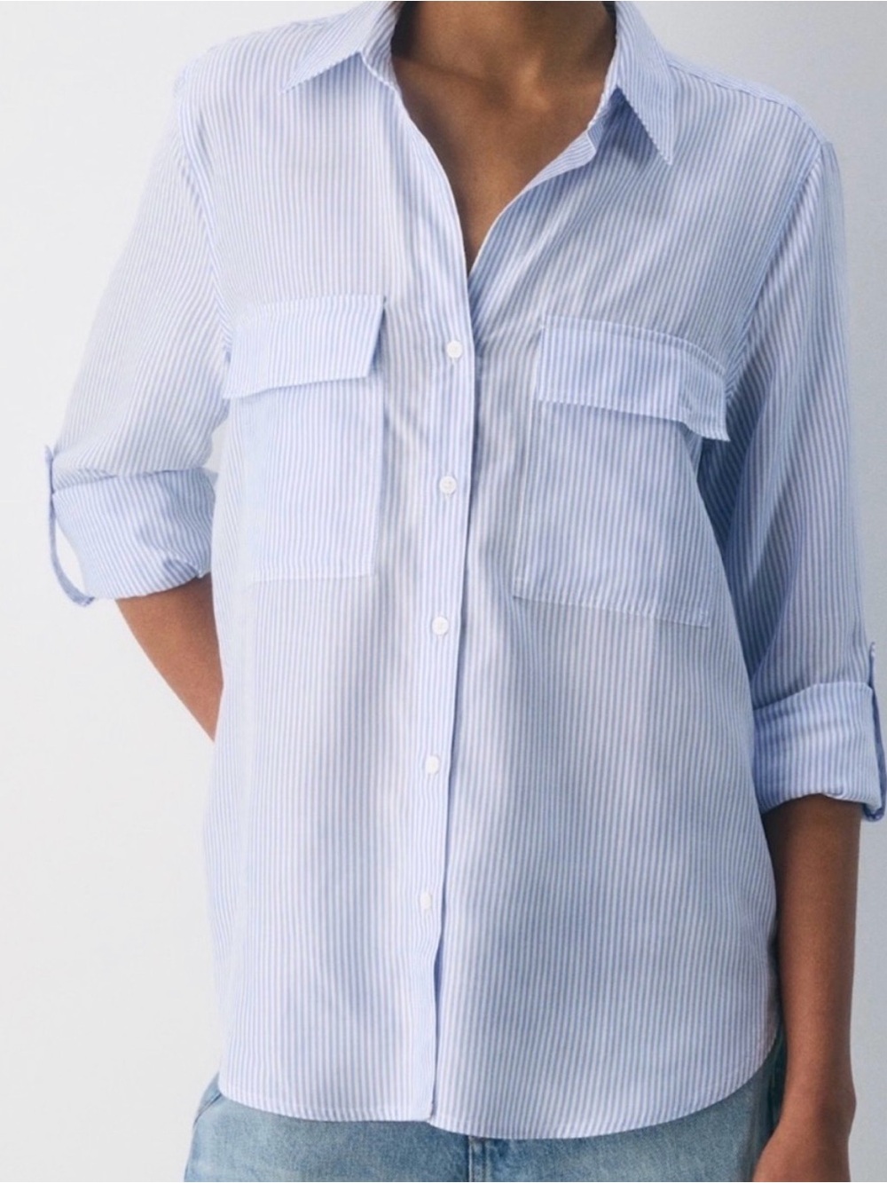 Aritzia Babaton Utility Blue White pinstripe shirt
